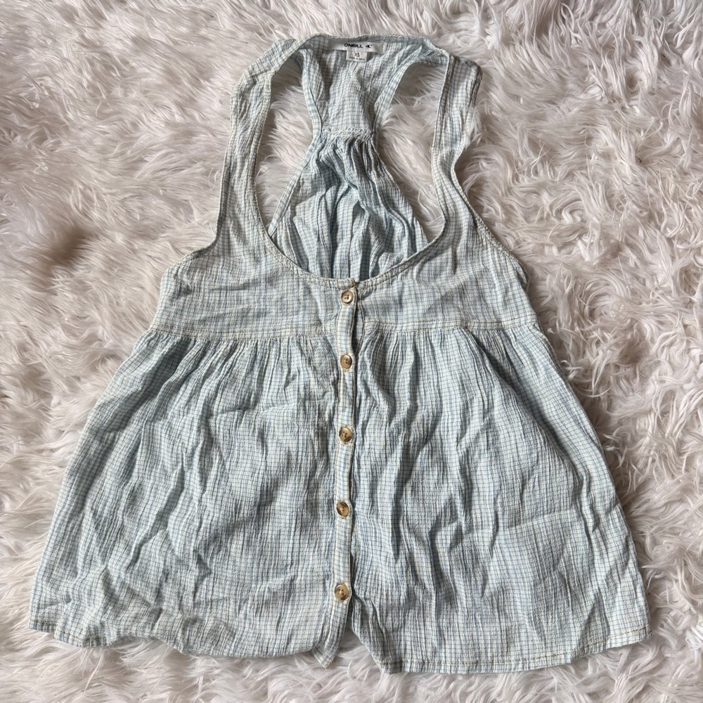 O’Neill Meyer top smocked blouse tank top light blue and white XS - Picture 2 of 5